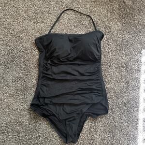 Tommy Bahama Coastline Stripe Bandeau Black One Piece Swimsuit Halter Sz 10